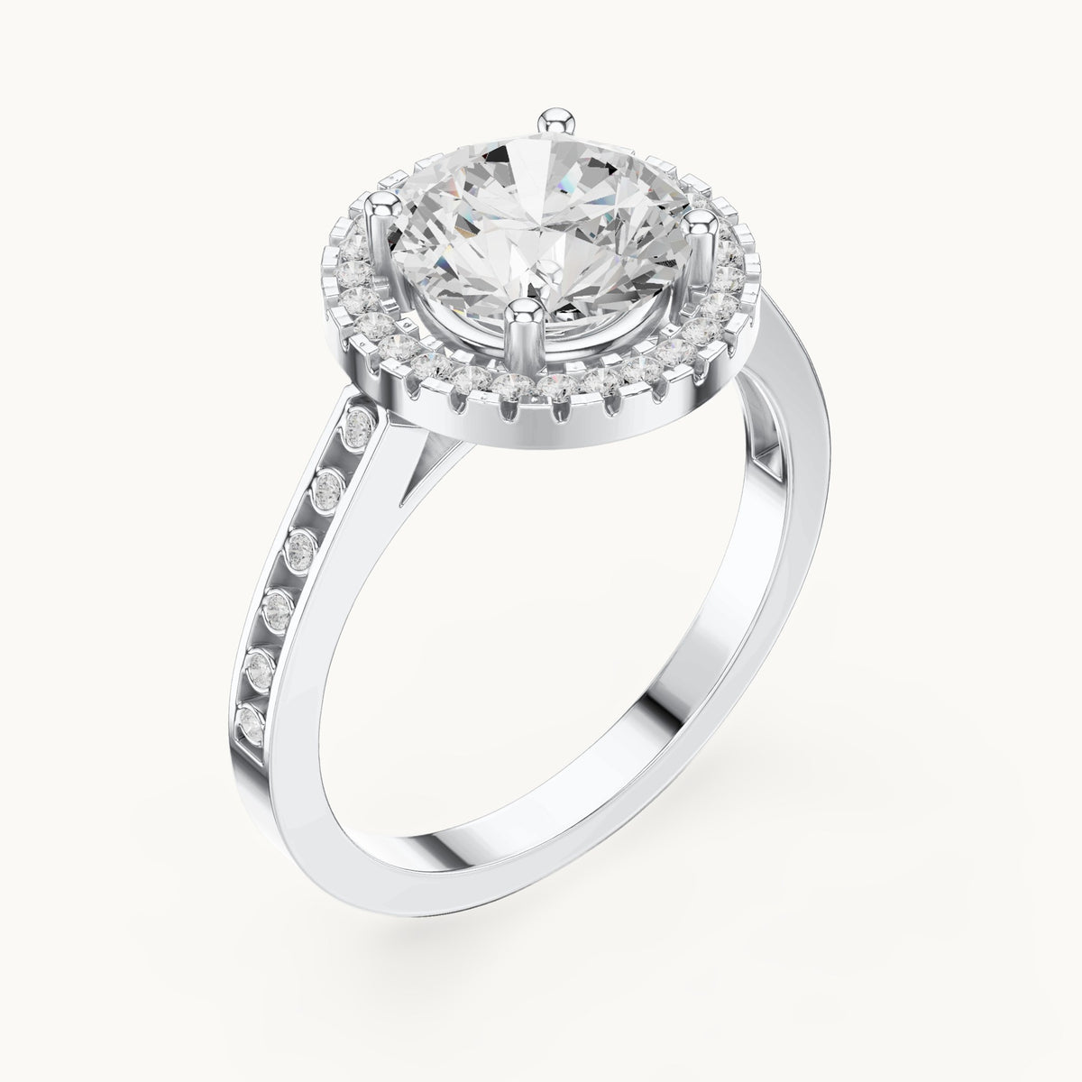 Round lab-grown diamond halo engagement ring with bezel accents in white gold, 2.295 CT TW, view 2