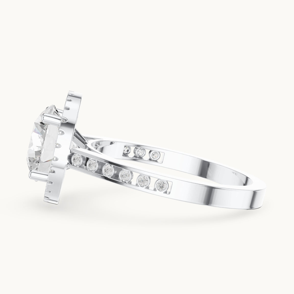 Round lab-grown diamond halo engagement ring with bezel accents in white gold, 2.295 CT TW, view 3