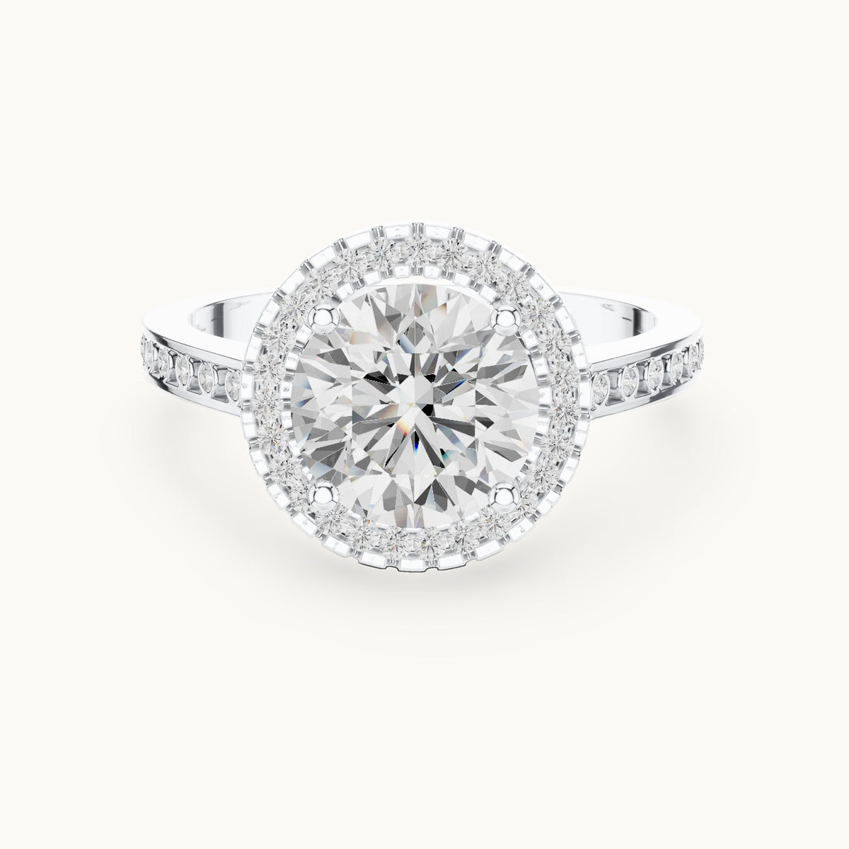 Round lab-grown diamond halo engagement ring with bezel accents in white gold, 2.295 CT TW, view 4