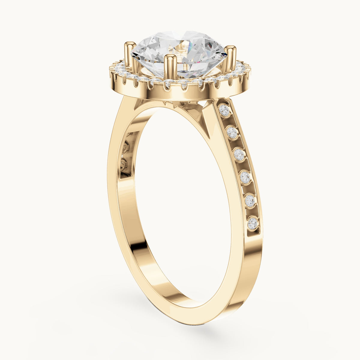 Round lab-grown diamond halo engagement ring with bezel accents in yellow gold, 2.295 CT TW, view 1