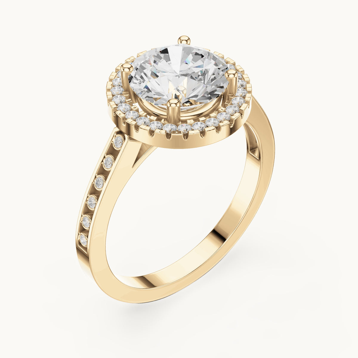 Round lab-grown diamond halo engagement ring with bezel accents in yellow gold, 2.295 CT TW, view 2