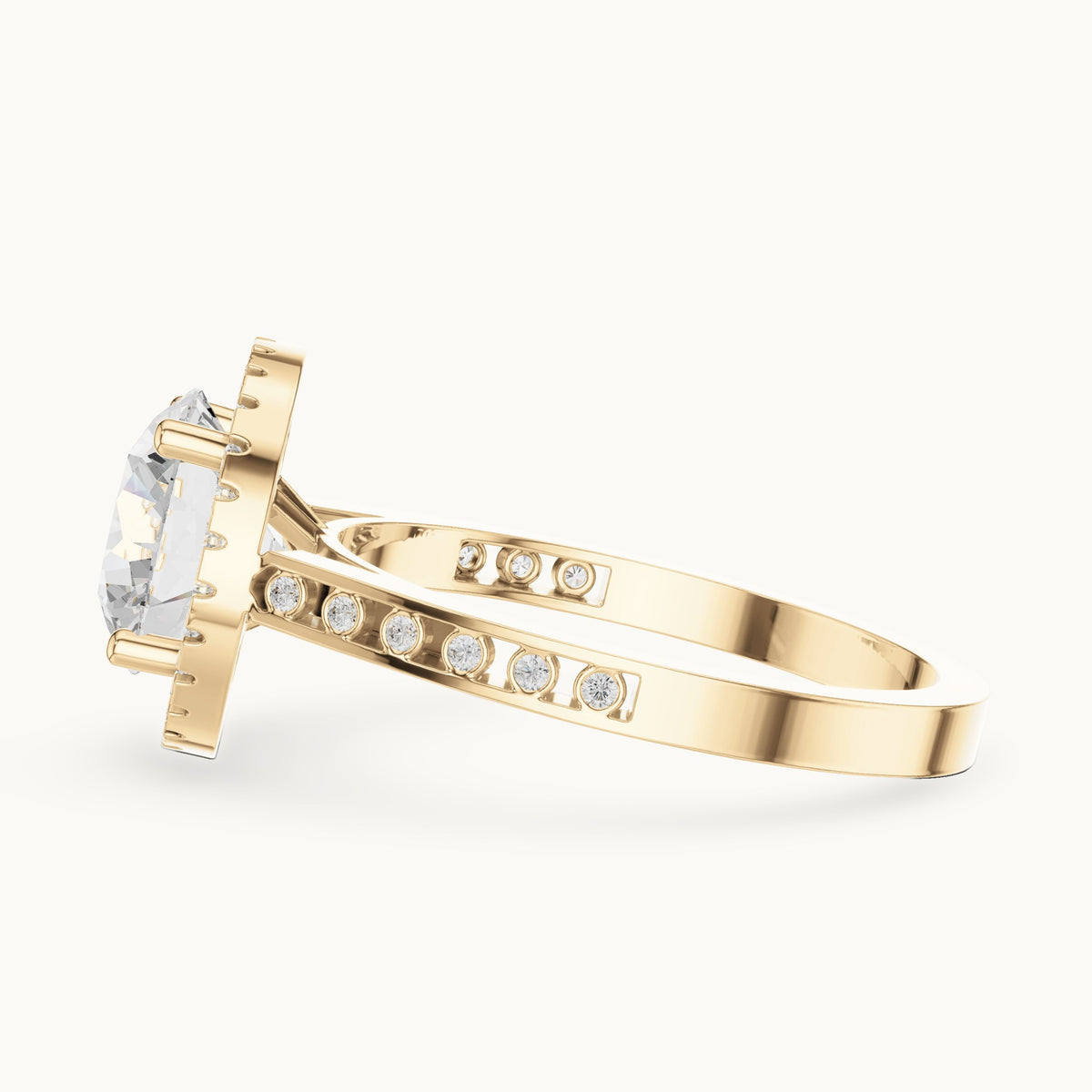 Round lab-grown diamond halo engagement ring with bezel accents in yellow gold, 2.295 CT TW, view 3