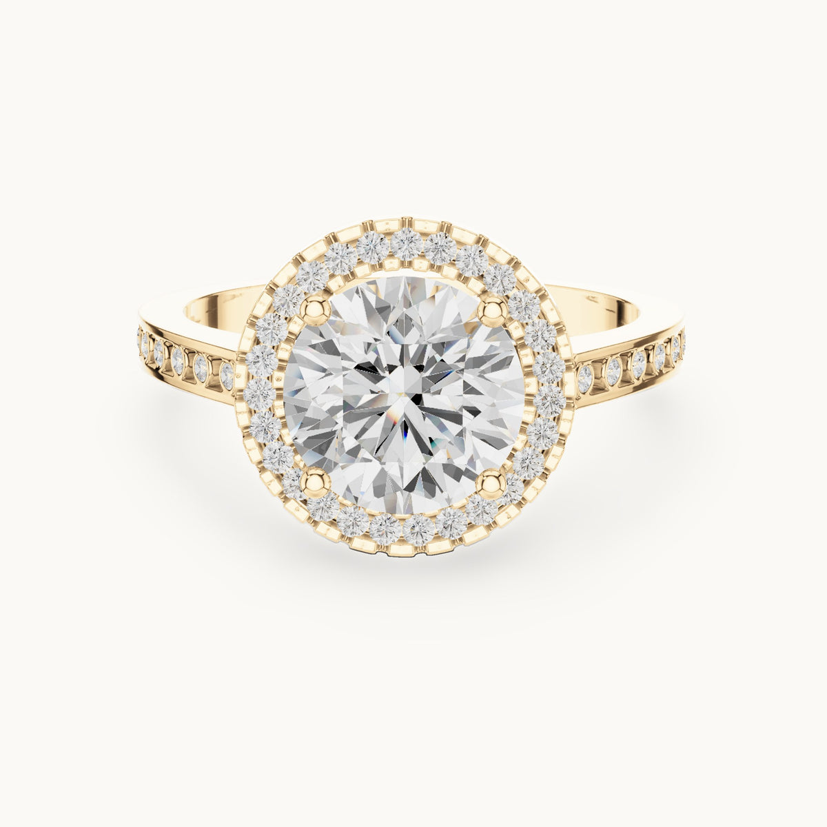 Round lab-grown diamond halo engagement ring with bezel accents in yellow gold, 2.295 CT TW, view 4