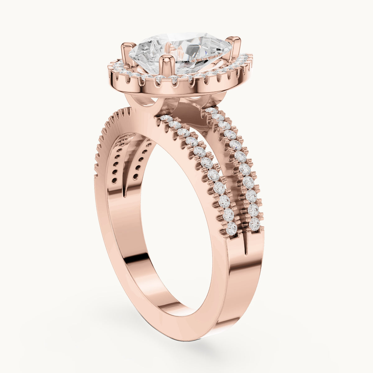 Pear and round lab-grown diamond milgrain halo split shank engagement ring in rose gold, 2.171 CT TW, view 1