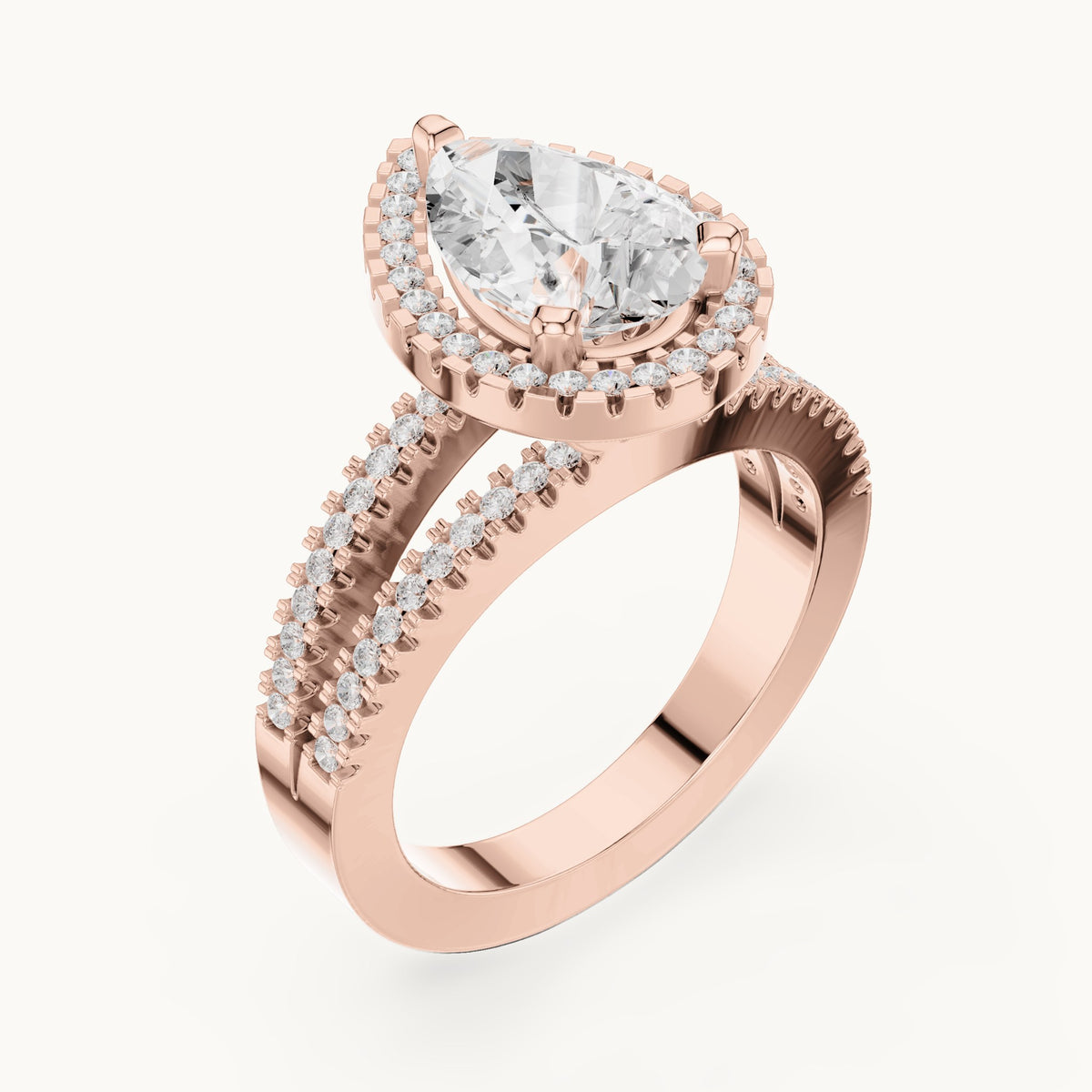 Pear and round lab-grown diamond milgrain halo split shank engagement ring in rose gold, 2.171 CT TW, view 2