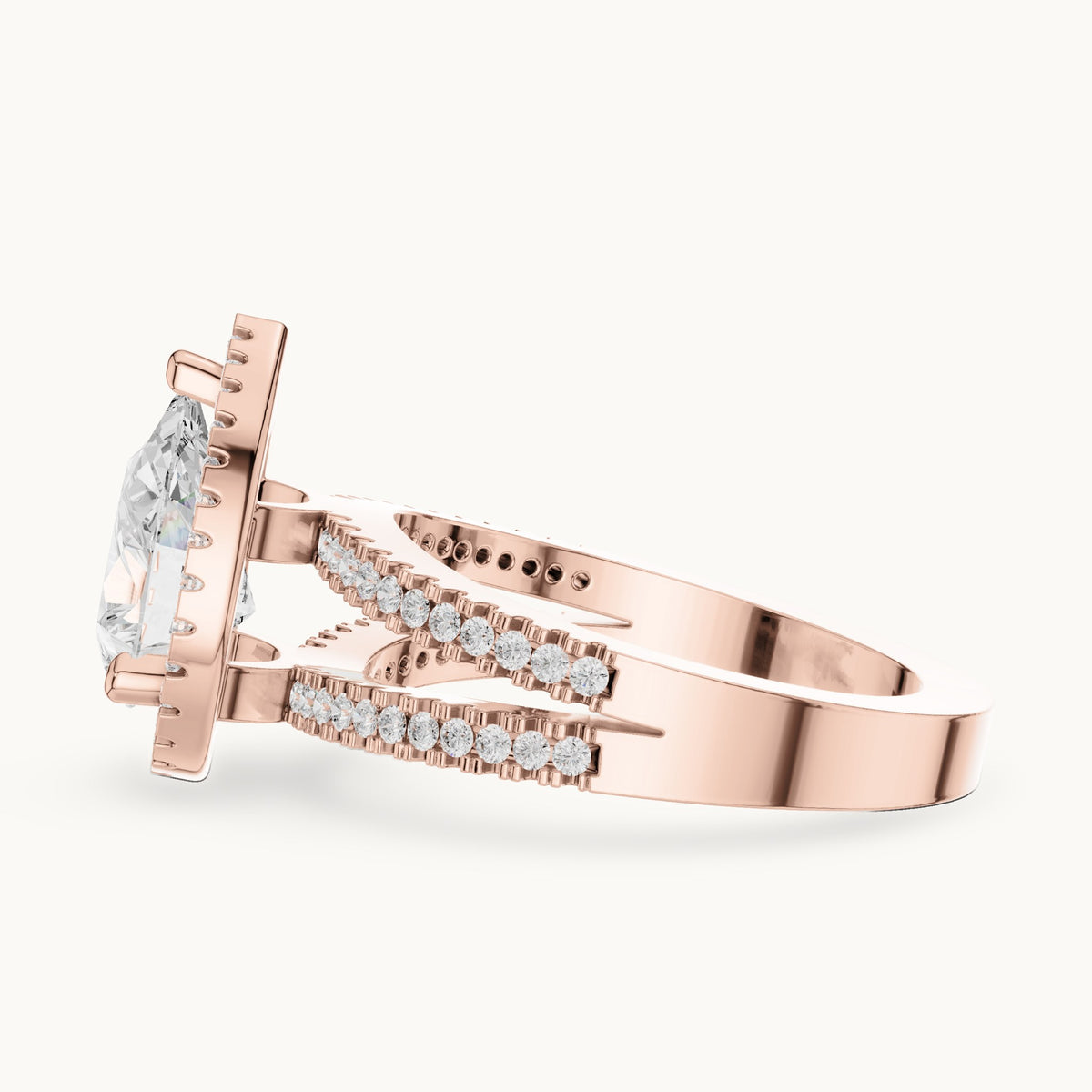 Pear and round lab-grown diamond milgrain halo split shank engagement ring in rose gold, 2.171 CT TW, view 3