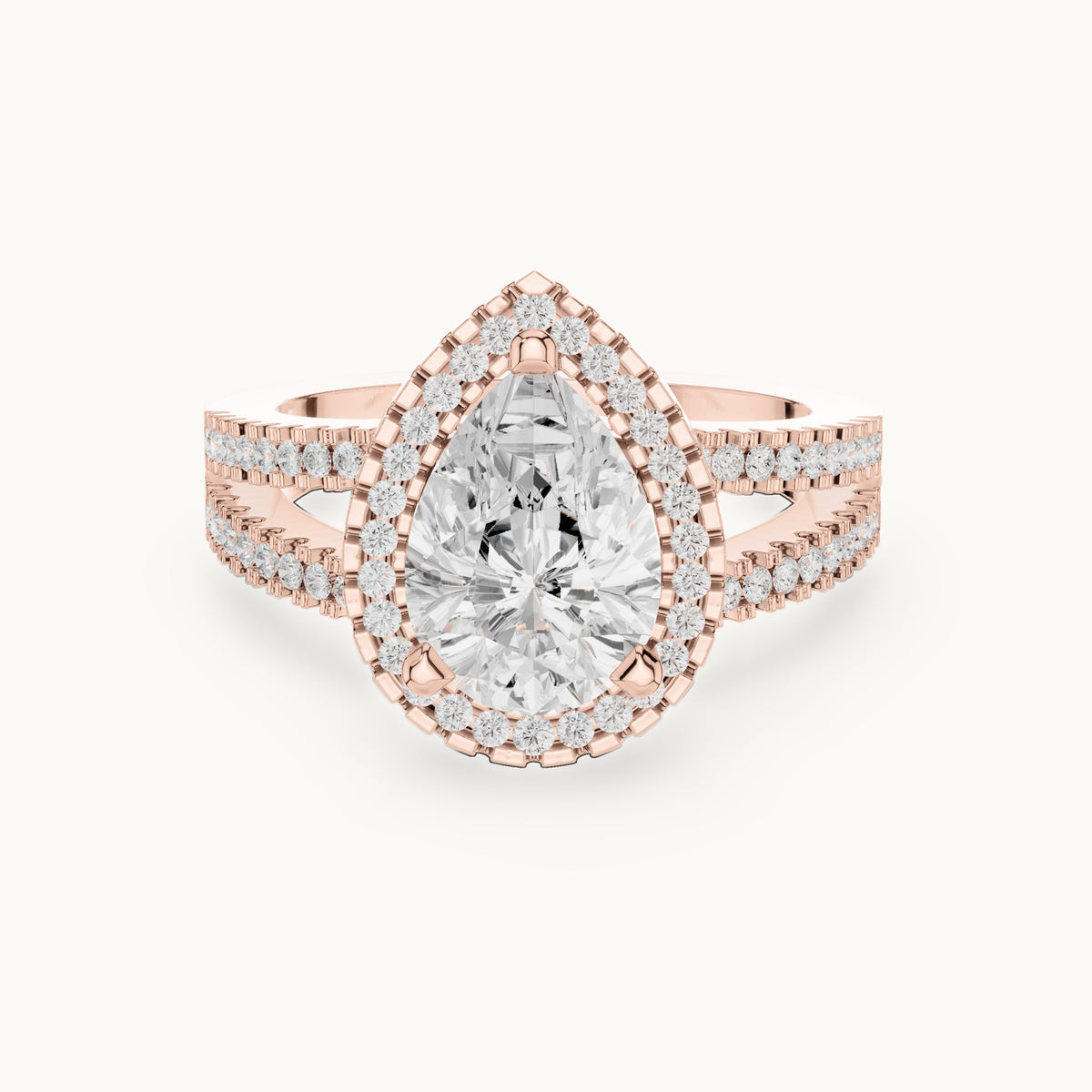 Pear and round lab-grown diamond milgrain halo split shank engagement ring in rose gold, 2.171 CT TW, view 4