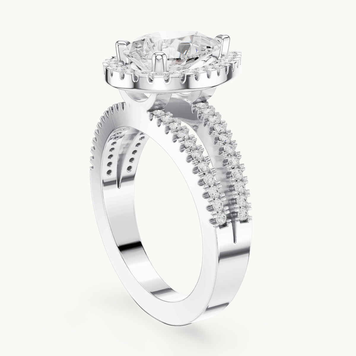 Pear and round lab-grown diamond milgrain halo split shank engagement ring in white gold, 2.171 CT TW, view 1