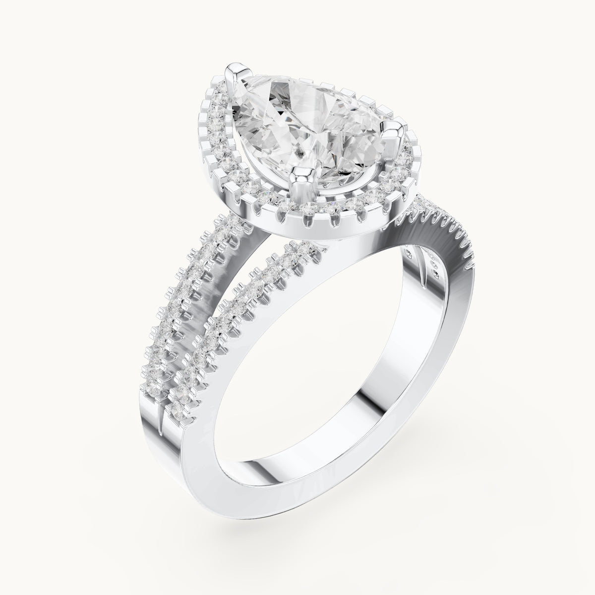 Pear and round lab-grown diamond milgrain halo split shank engagement ring in white gold, 2.171 CT TW, view 2