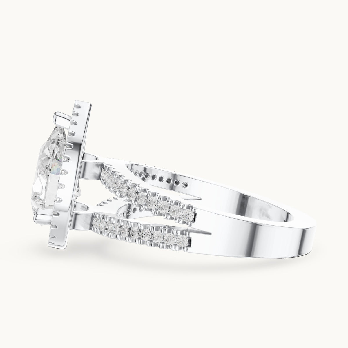 Pear and round lab-grown diamond milgrain halo split shank engagement ring in white gold, 2.171 CT TW, view 3
