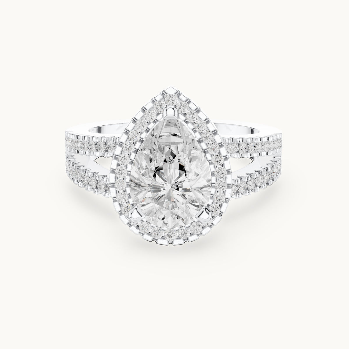Pear and round lab-grown diamond milgrain halo split shank engagement ring in white gold, 2.171 CT TW, view 4