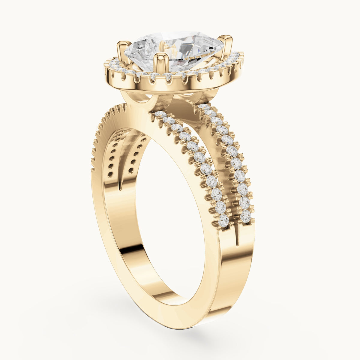 Pear and round lab-grown diamond milgrain halo split shank engagement ring in yellow gold, 2.171 CT TW, view 1