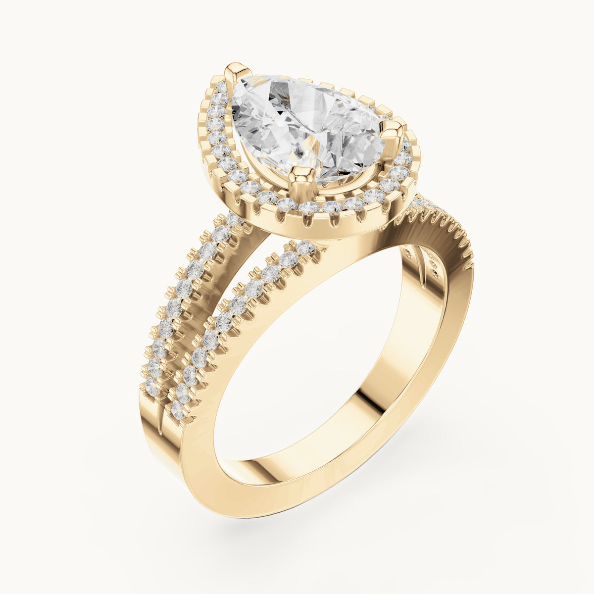 Pear and round lab-grown diamond milgrain halo split shank engagement ring in yellow gold, 2.171 CT TW, view 2