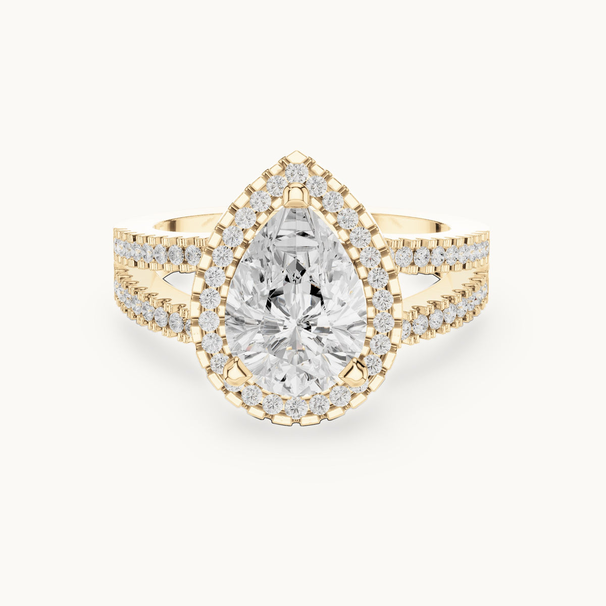 Pear and round lab-grown diamond milgrain halo split shank engagement ring in yellow gold, 2.171 CT TW, view 4
