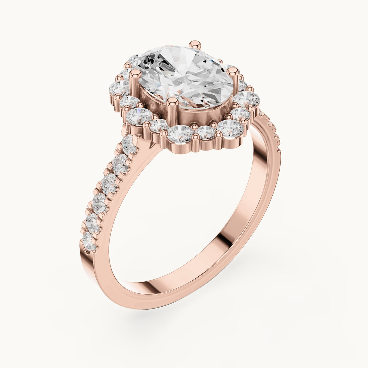 Oval and round lab-grown diamond geometric halo engagement ring with pavé band in rose gold, 2.116 CT TW, view 2