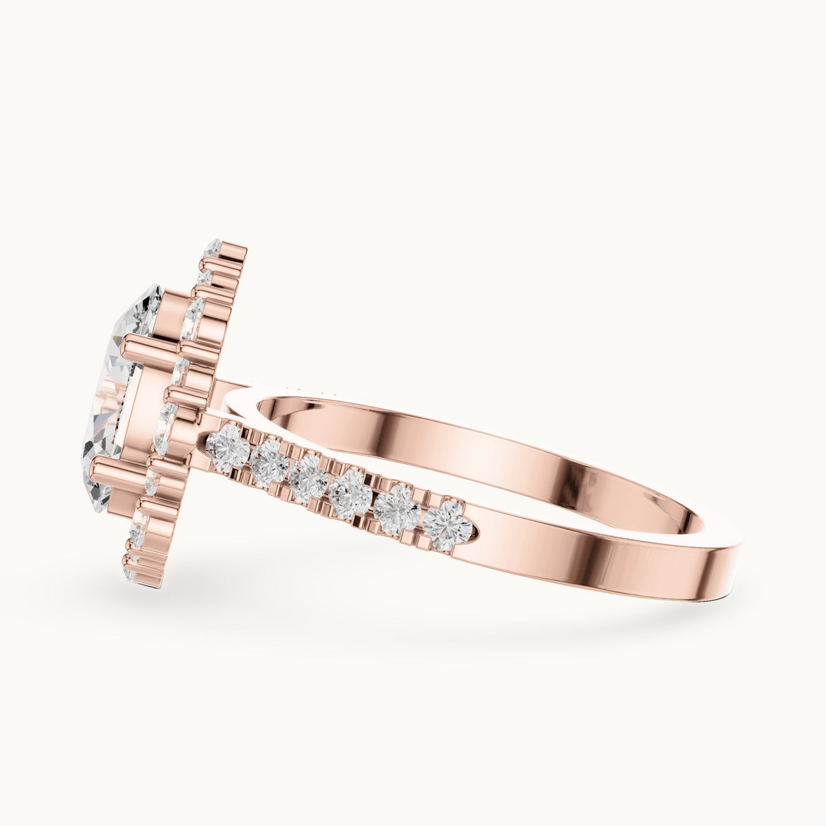 Oval and round lab-grown diamond geometric halo engagement ring with pavé band in rose gold, 2.116 CT TW, view 3