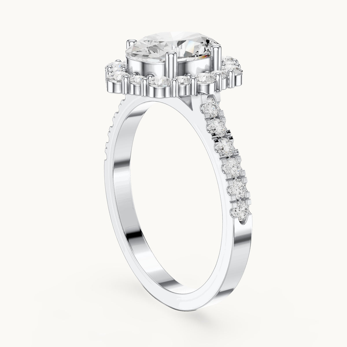 Oval and round lab-grown diamond geometric halo engagement ring with pavé band in white gold, 2.116 CT TW, view 1