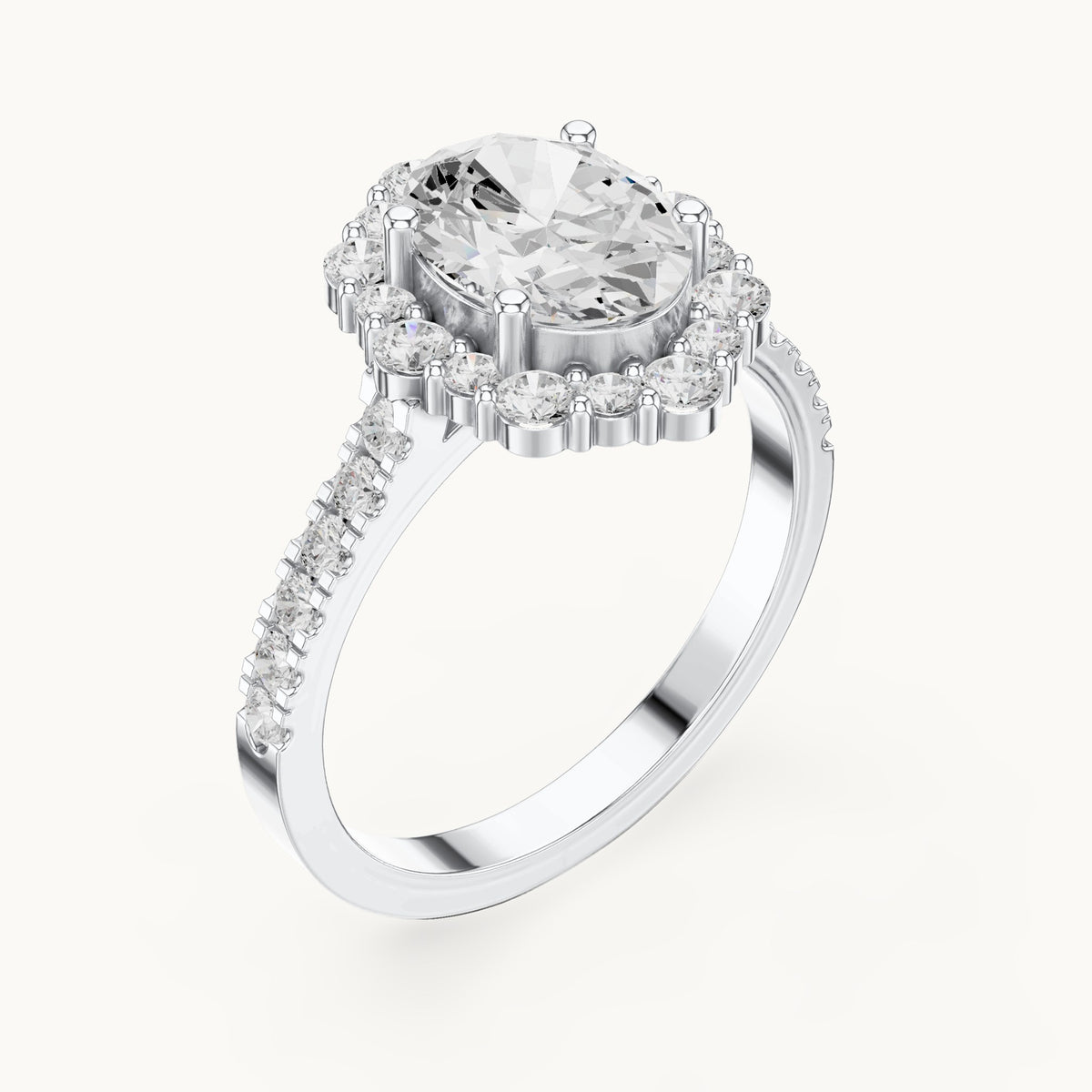 Oval and round lab-grown diamond geometric halo engagement ring with pavé band in white gold, 2.116 CT TW, view 2