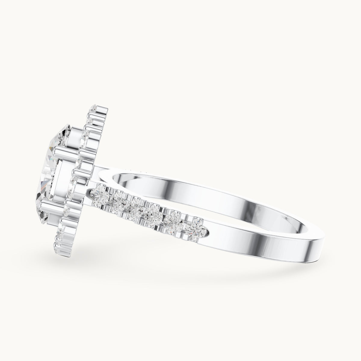 Oval and round lab-grown diamond geometric halo engagement ring with pavé band in white gold, 2.116 CT TW, view 3