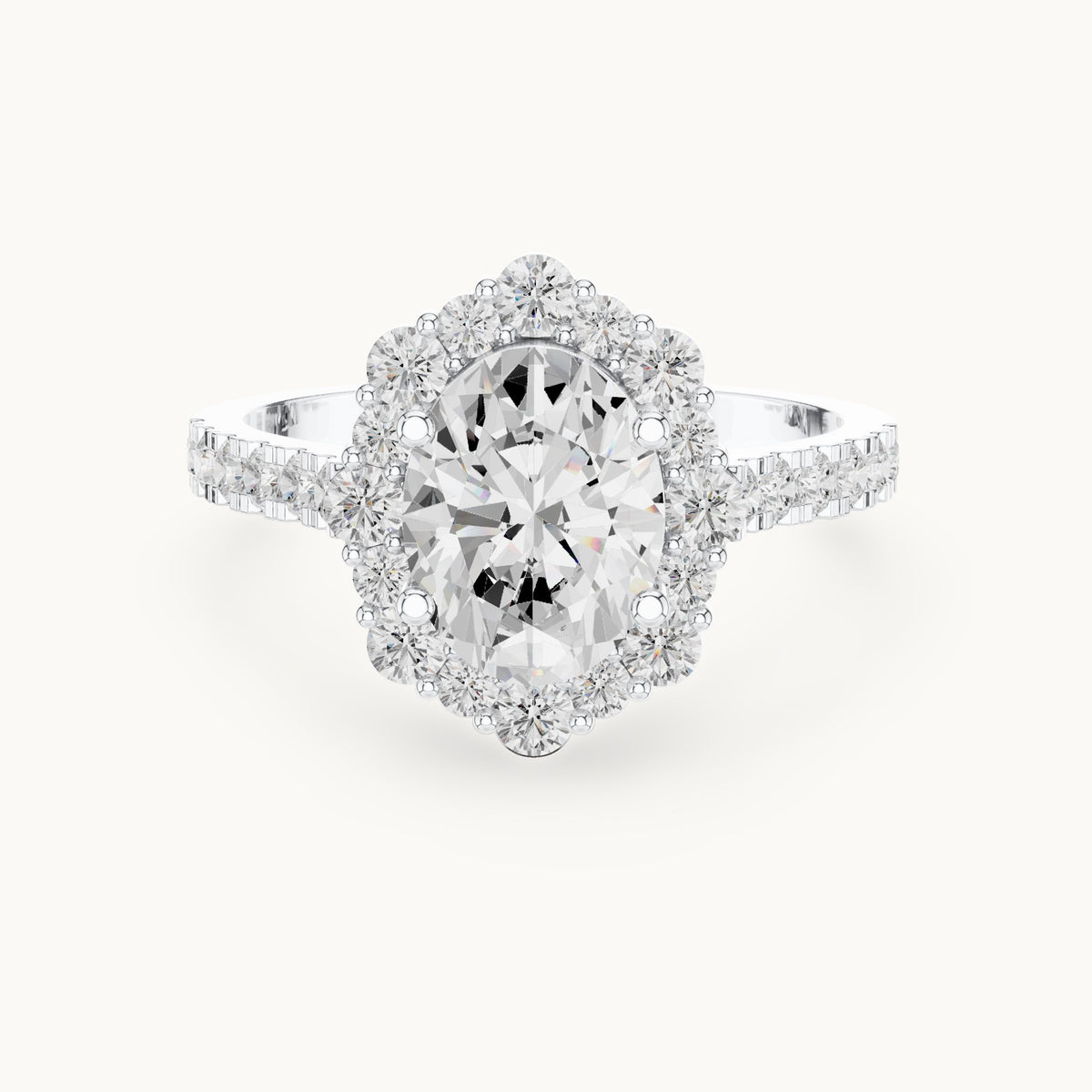 Oval and round lab-grown diamond geometric halo engagement ring with pavé band in white gold, 2.116 CT TW, view 4