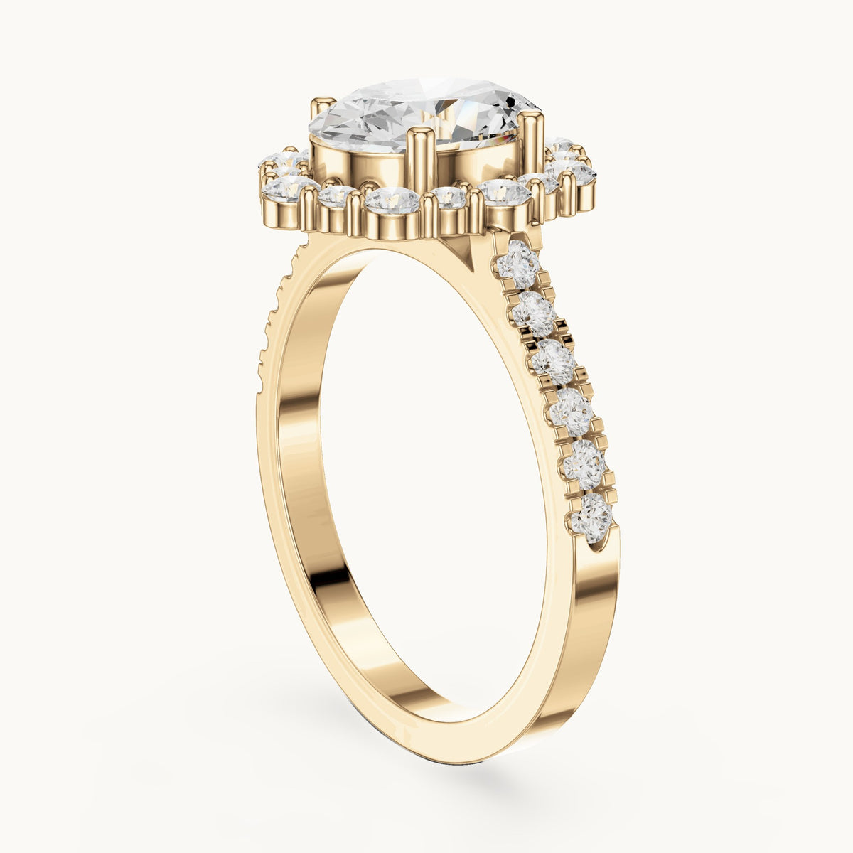 Oval and round lab-grown diamond geometric halo engagement ring with pavé band in yellow gold, 2.116 CT TW, view 1