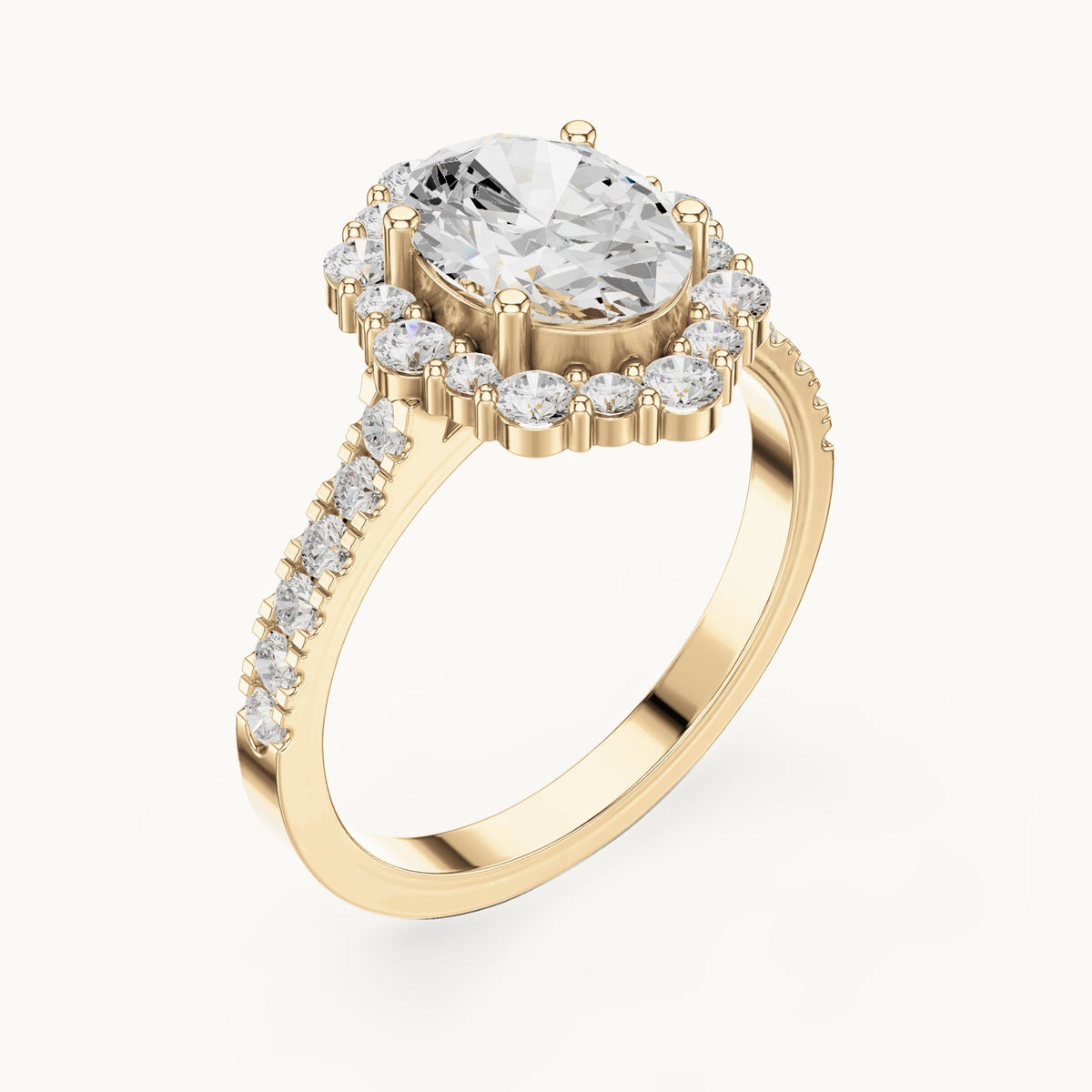 Oval and round lab-grown diamond geometric halo engagement ring with pavé band in yellow gold, 2.116 CT TW, view 2