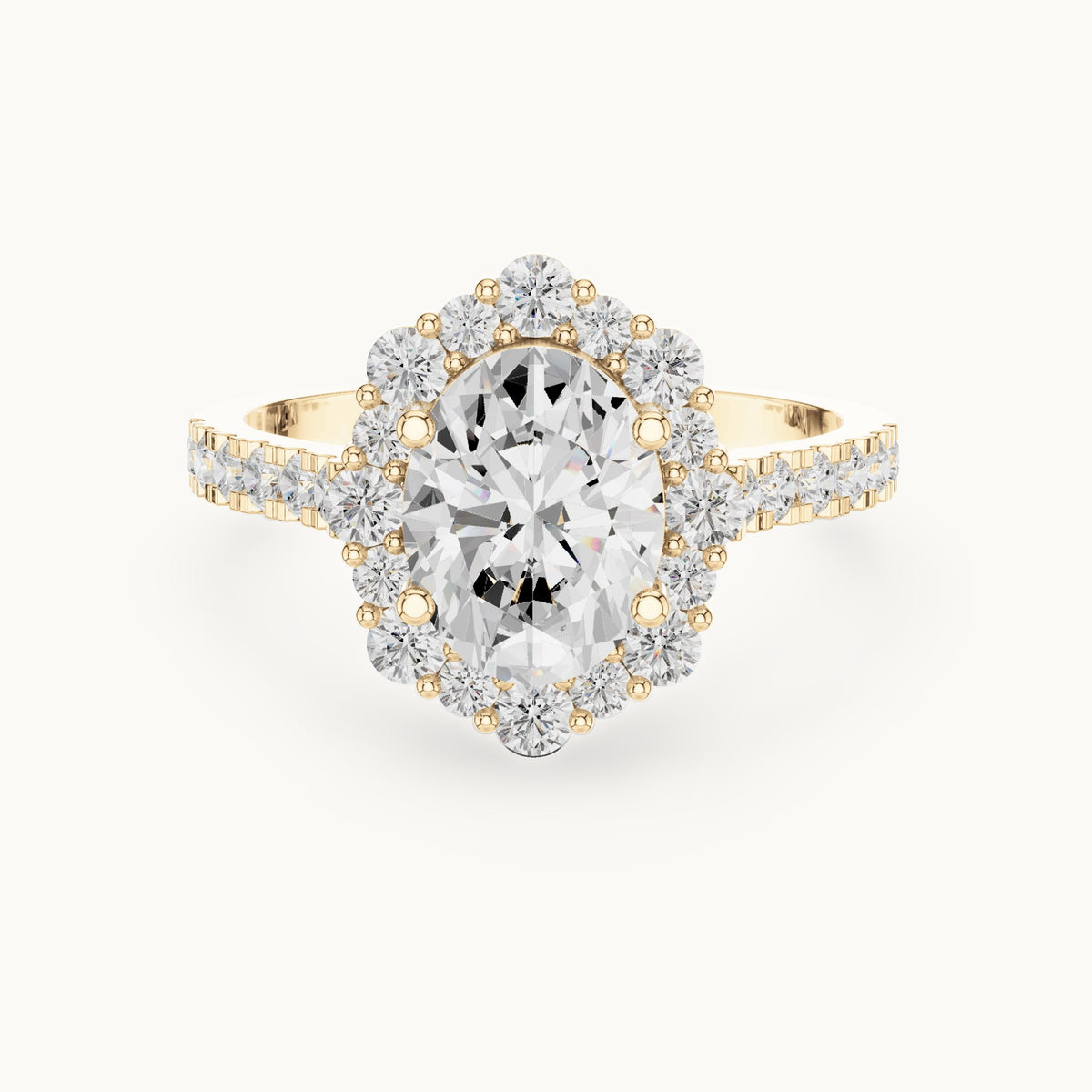 Oval and round lab-grown diamond geometric halo engagement ring with pavé band in yellow gold, 2.116 CT TW, view 4