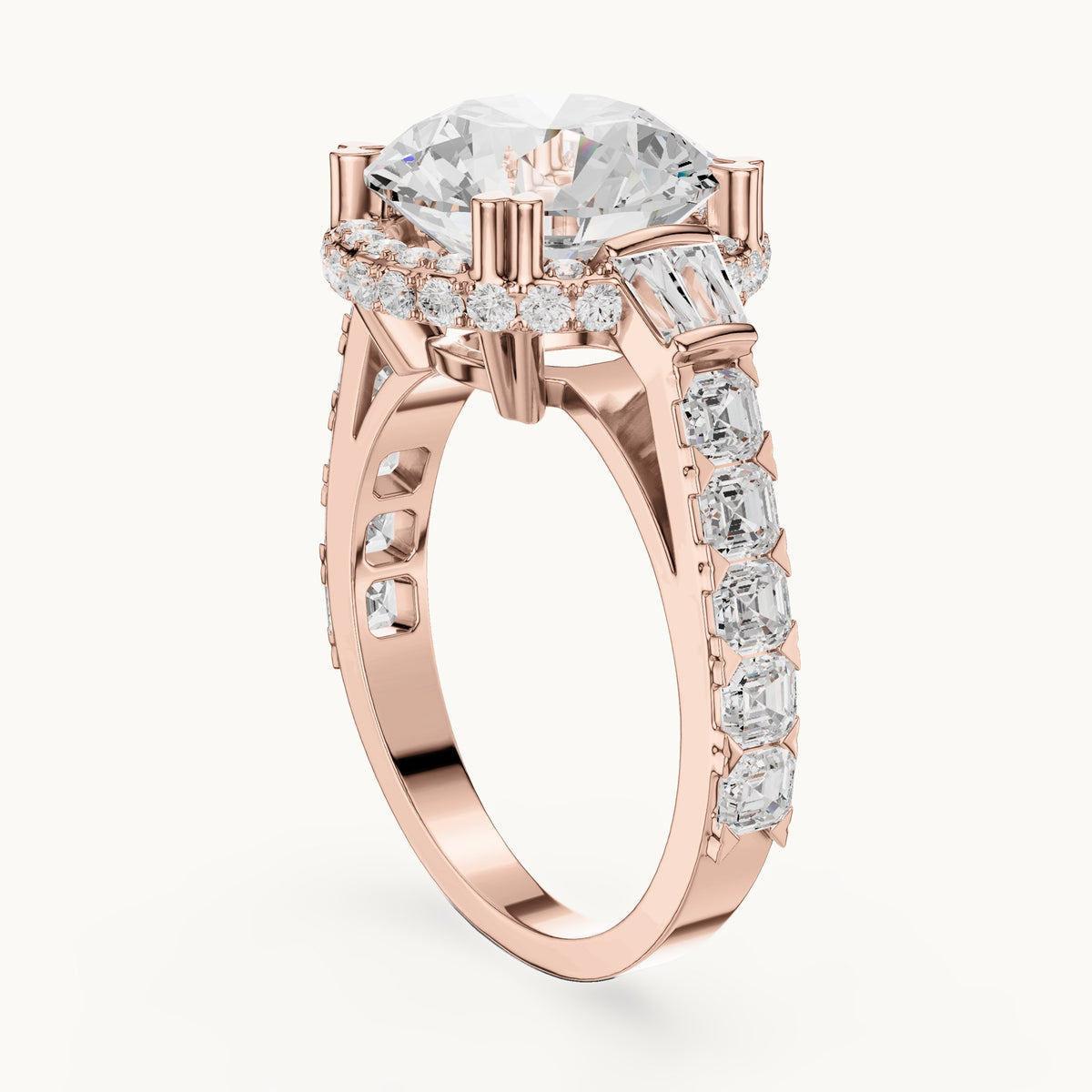 Round lab-grown diamond halo engagement ring with baguette and square accents in rose gold, 5.63 CT TW, view 1