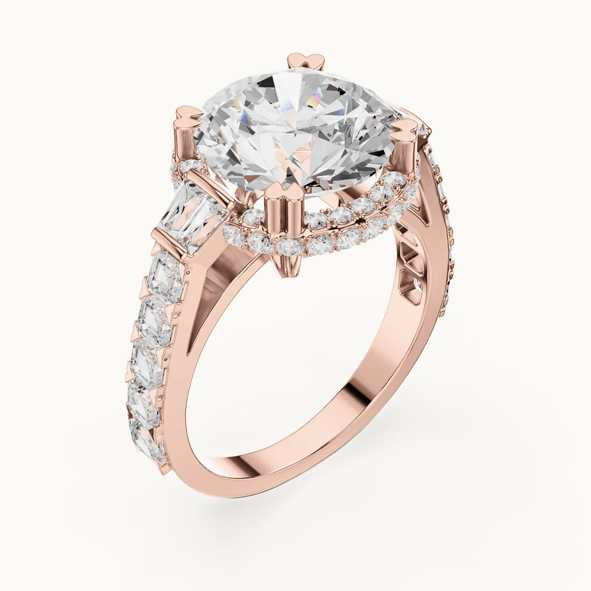 Round lab-grown diamond halo engagement ring with baguette and square accents in rose gold, 5.63 CT TW, view 2