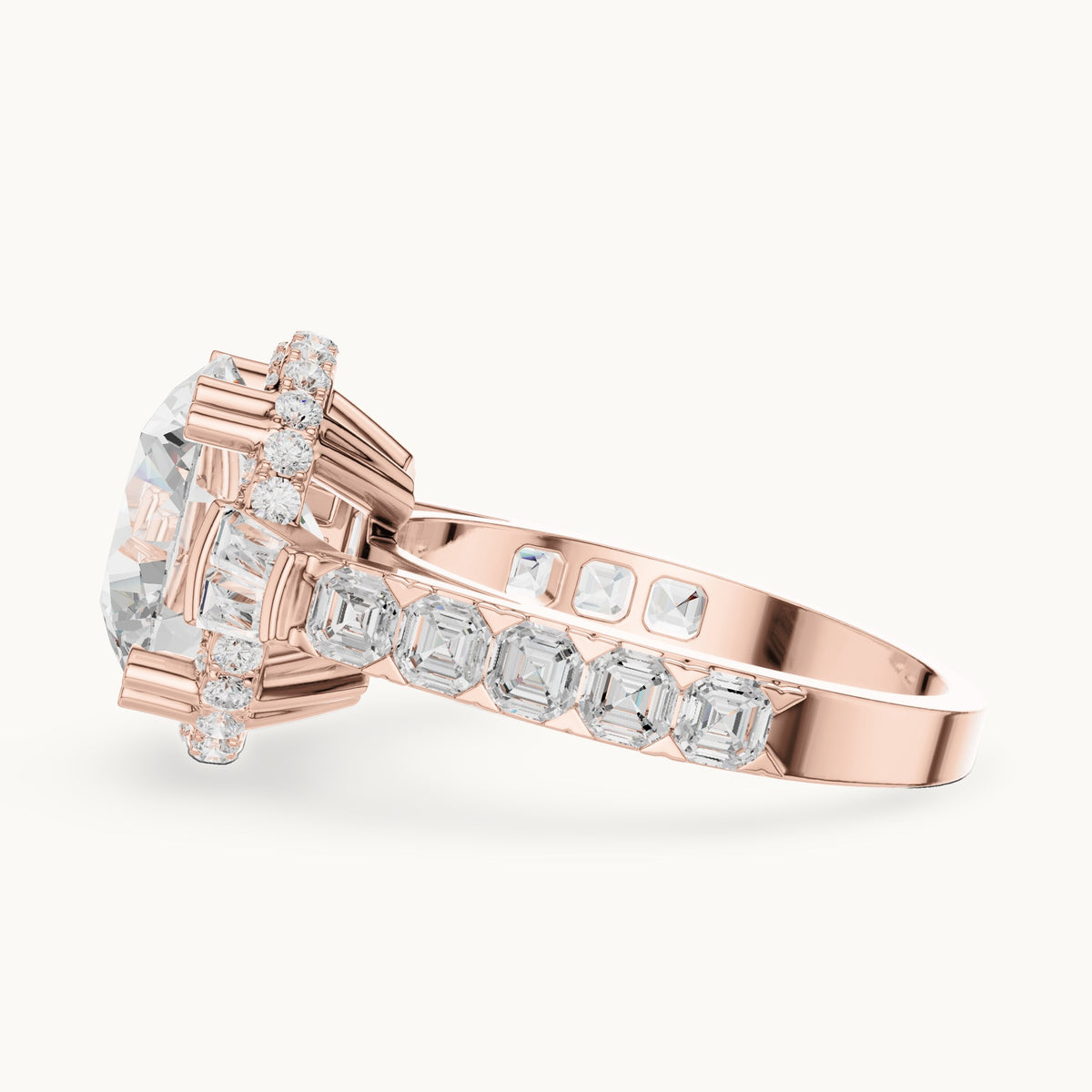 Round lab-grown diamond halo engagement ring with baguette and square accents in rose gold, 5.63 CT TW, view 3