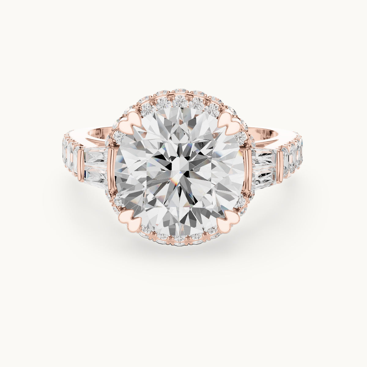 Round lab-grown diamond halo engagement ring with baguette and square accents in rose gold, 5.63 CT TW, view 4