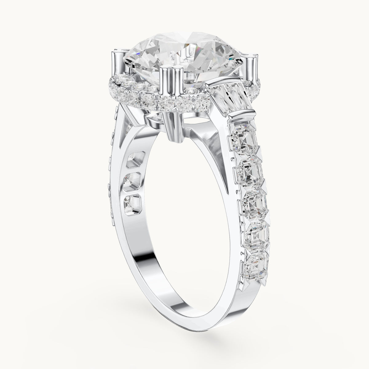 Round lab-grown diamond halo engagement ring with baguette and square accents in white gold, 5.63 CT TW, view 1
