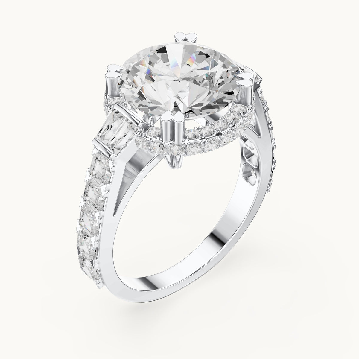 Round lab-grown diamond halo engagement ring with baguette and square accents in white gold, 5.63 CT TW, view 2