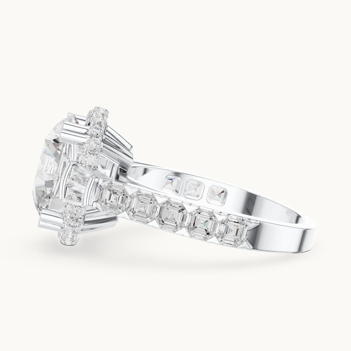 Round lab-grown diamond halo engagement ring with baguette and square accents in white gold, 5.63 CT TW, view 3