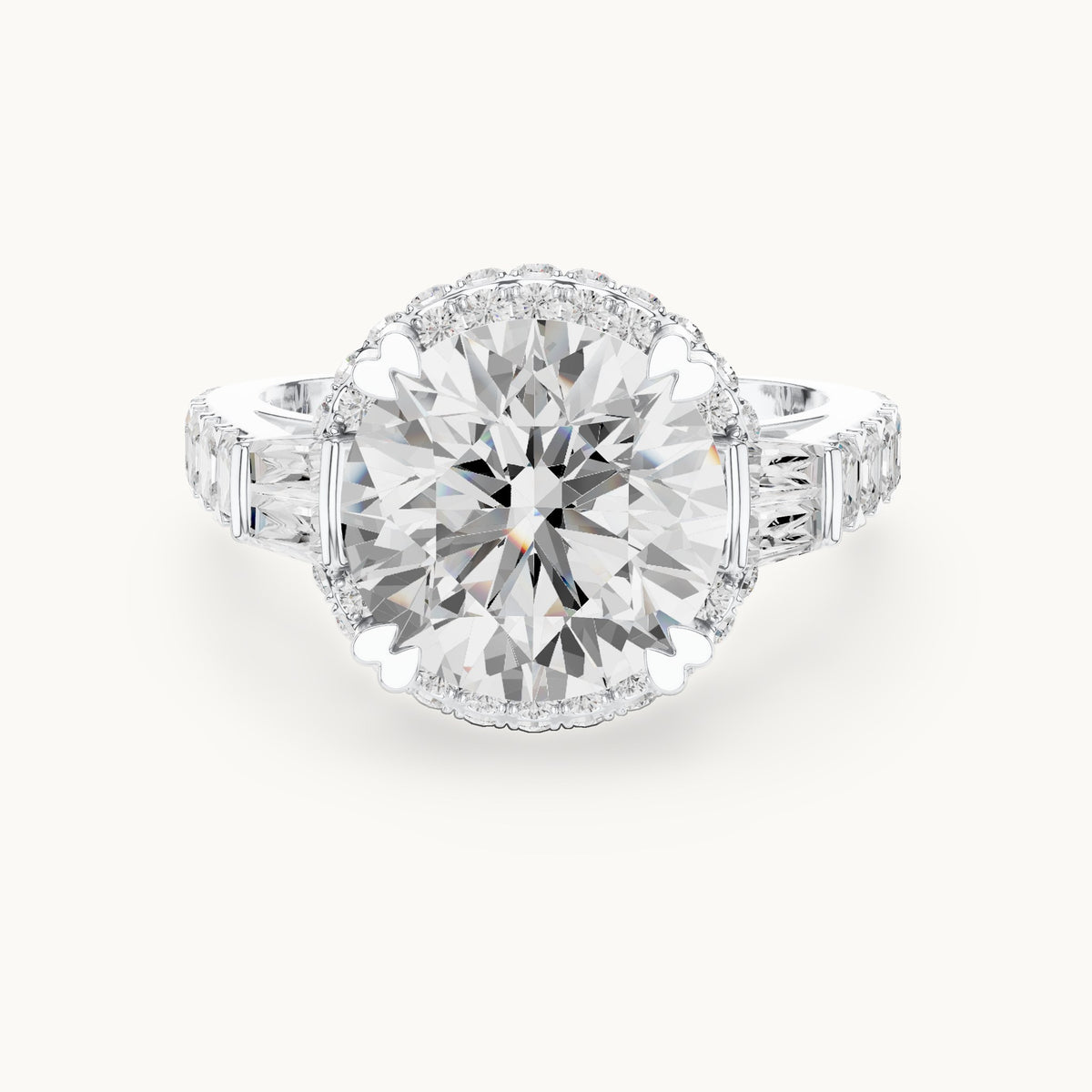 Round lab-grown diamond halo engagement ring with baguette and square accents in white gold, 5.63 CT TW, view 4