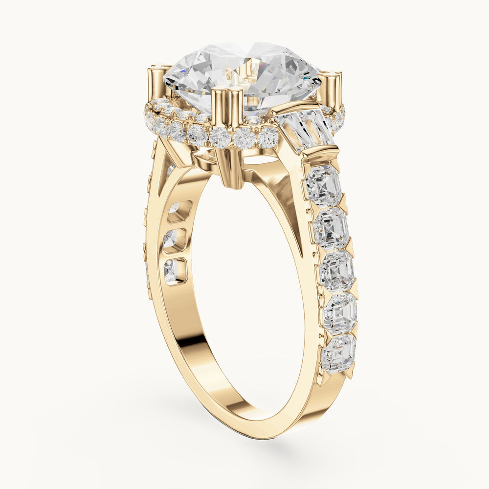 Round lab-grown diamond halo engagement ring with baguette and square accents in yellow gold, 5.63 CT TW, view 1
