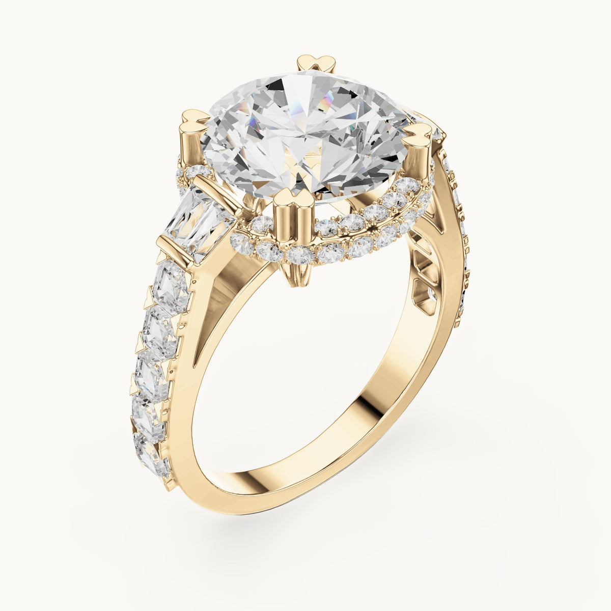 Round lab-grown diamond halo engagement ring with baguette and square accents in yellow gold, 5.63 CT TW, view 2