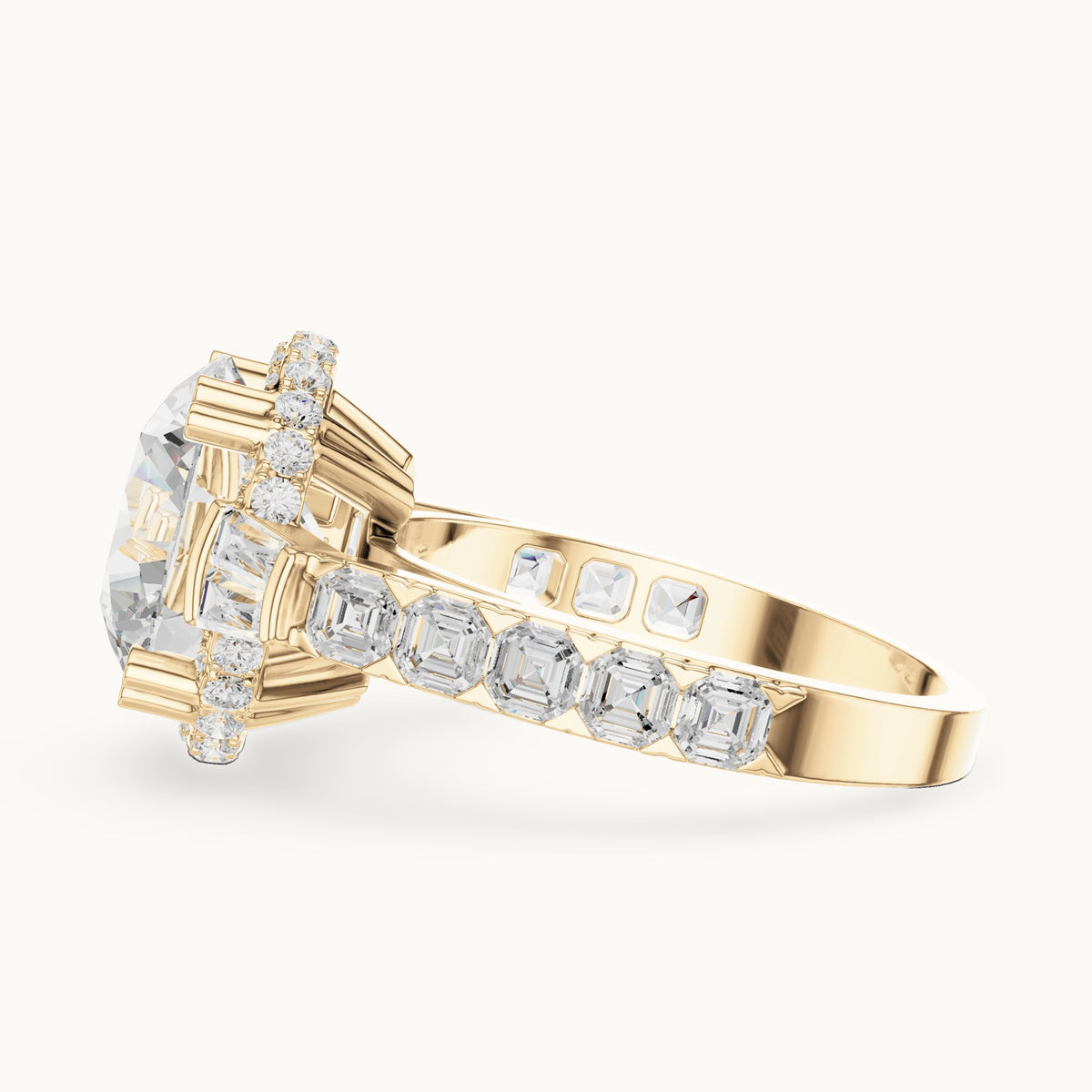 Round lab-grown diamond halo engagement ring with baguette and square accents in yellow gold, 5.63 CT TW, view 3