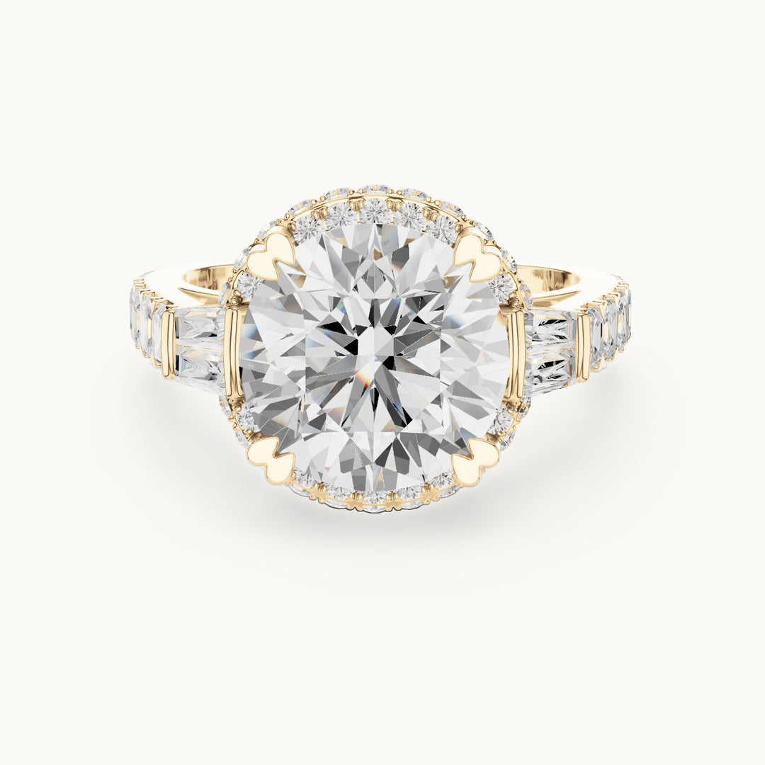 Round lab-grown diamond halo engagement ring with baguette and square accents in yellow gold, 5.63 CT TW, view 4