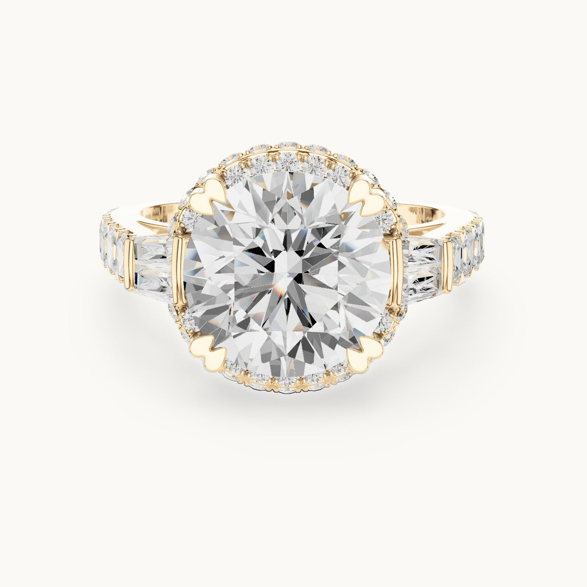 Round lab-grown diamond halo engagement ring with baguette and square accents in yellow gold, 5.63 CT TW, view 4