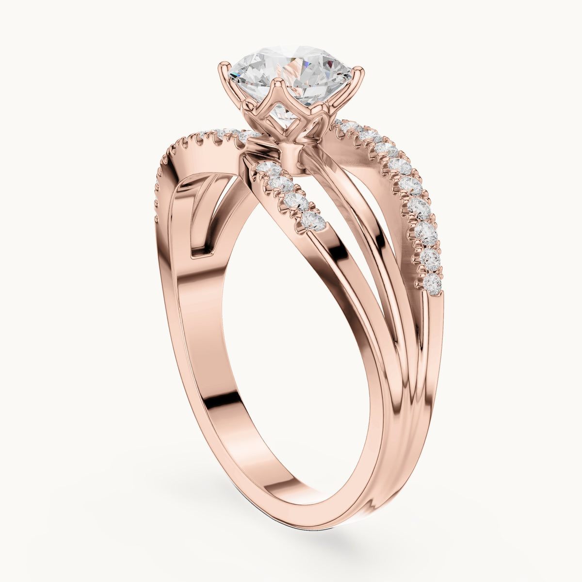 Round lab-grown diamond split shank pavé engagement ring in rose gold, 1.06 CT TW, view 1