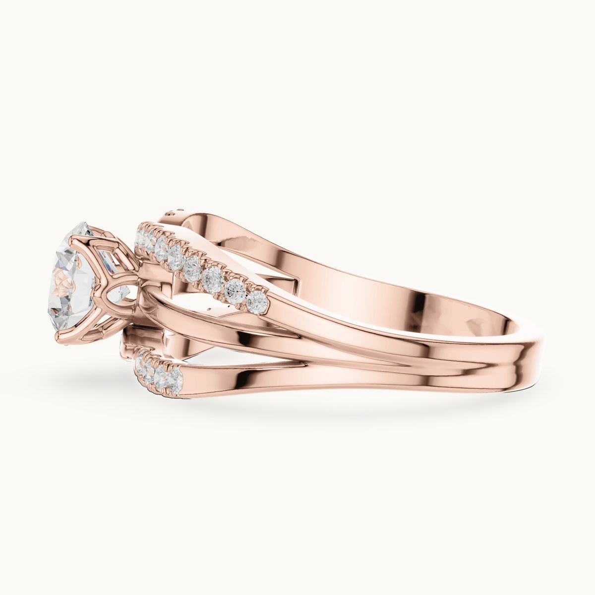 Round lab-grown diamond split shank pavé engagement ring in rose gold, 1.06 CT TW, view 3