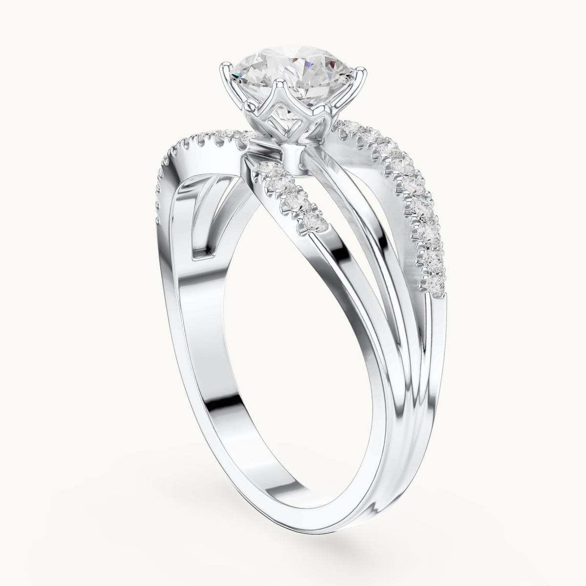 Round lab-grown diamond split shank pavé engagement ring in white gold, 1.06 CT TW, view 1