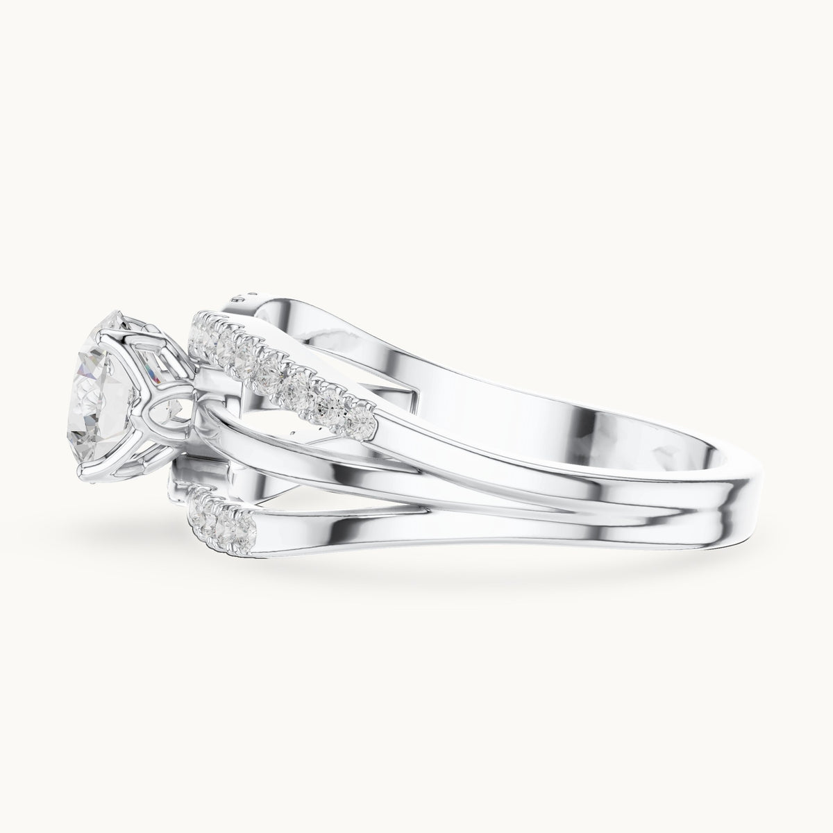 Round lab-grown diamond split shank pavé engagement ring in white gold, 1.06 CT TW, view 3