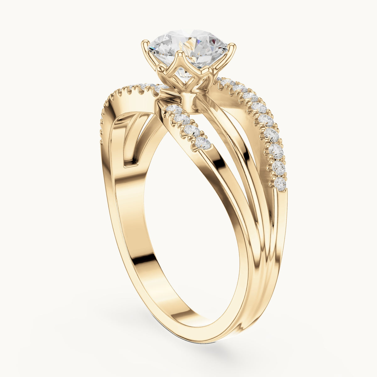Round lab-grown diamond split shank pavé engagement ring in yellow gold, 1.06 CT TW, view 1