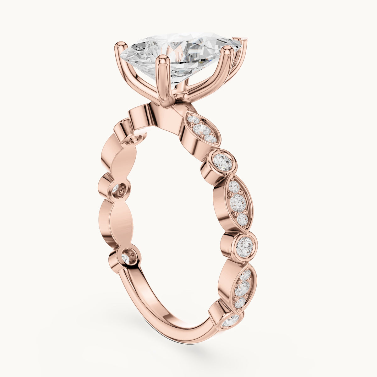 Pear and round lab-grown diamond engagement ring with bezel station band in rose gold, 2.294 CT TW, view 1