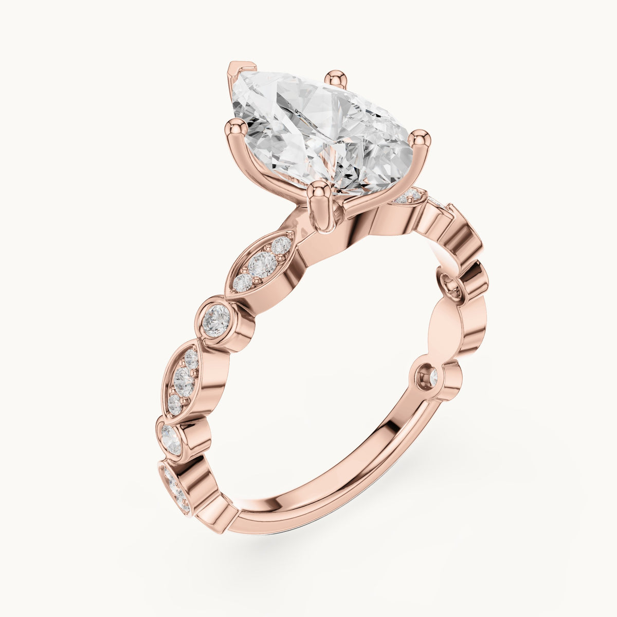 Pear and round lab-grown diamond engagement ring with bezel station band in rose gold, 2.294 CT TW, view 2