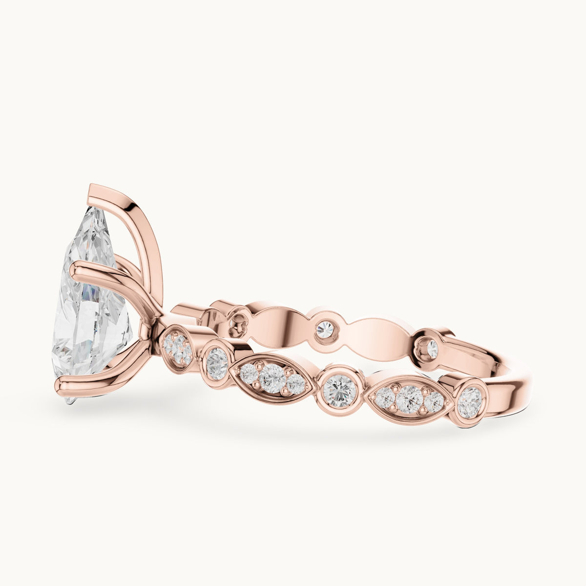 Pear and round lab-grown diamond engagement ring with bezel station band in rose gold, 2.294 CT TW, view 3