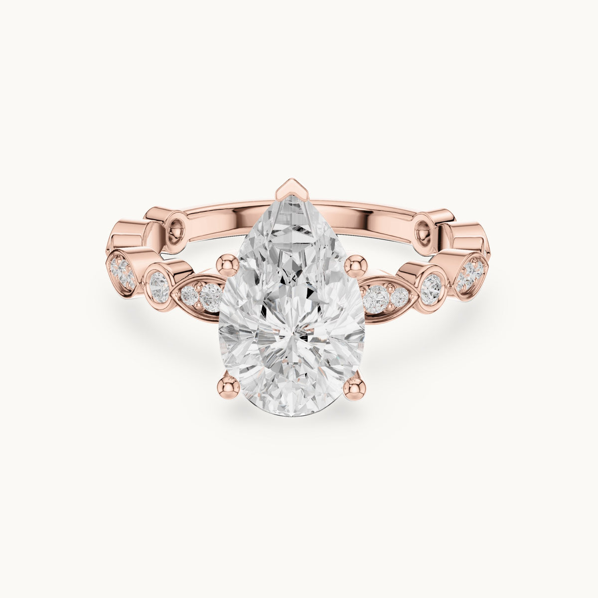 Pear and round lab-grown diamond engagement ring with bezel station band in rose gold, 2.294 CT TW, view 4