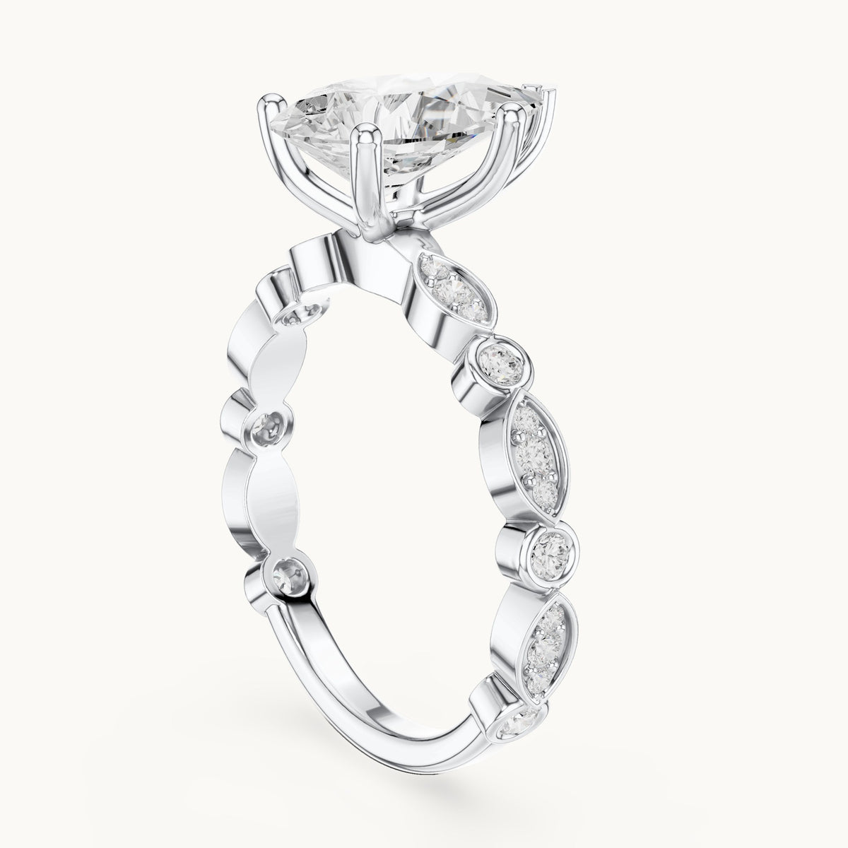 Pear and round lab-grown diamond engagement ring with bezel station band in white gold, 2.294 CT TW, view 1